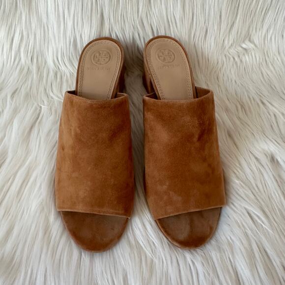 Tory Burch Salinas Mule Suede Leather Open Toe Block Heel Sandals, Tan - Picture 3 of 11